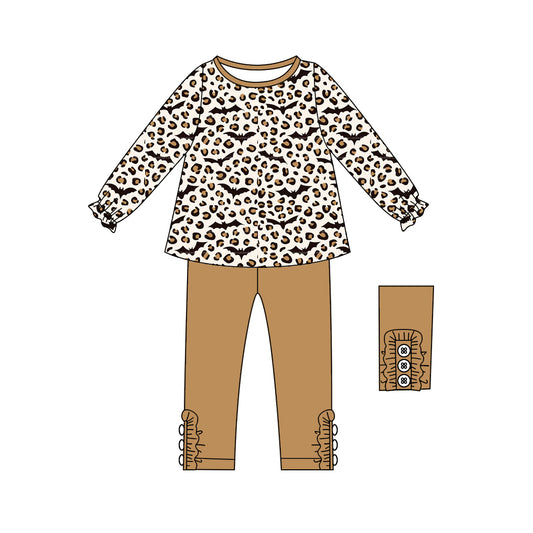 (Pre-order)GLP2472 Bat Leopard Tunic Top Brown Pants Girls Halloween Clothes Set