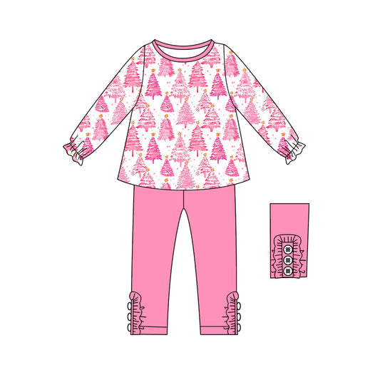 (Pre-order)GLP2473 Tree Tunic Top Pink Pants Girls Christmas Clothes Set