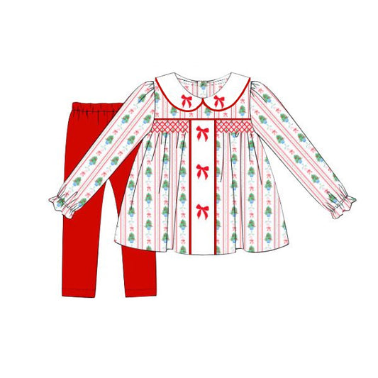 (Pre-order)GLP2475 Candy Cane Holly Bows Tunic Top Red Pants Girls Christmas Clothes Set