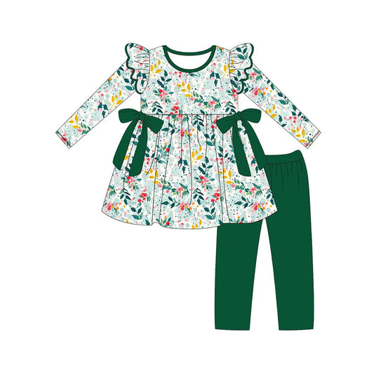 (Pre-order)GLP2476 Colorful Flowers Tunic Top Green Pants Girls Fall Clothes Set