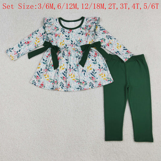 GLP2476 Flowers Holly Tunic Top Green Pants Girls Christmas Clothes Set