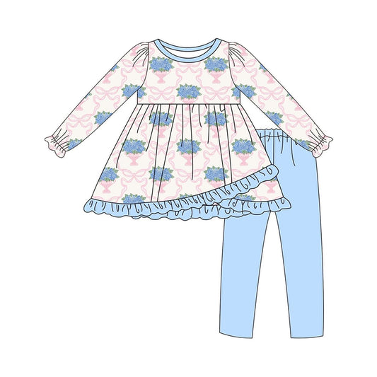 (Pre-order)GLP2477 Flowers Pink Bows Tunic Top Blue Pants Girls Fall Clothes Set