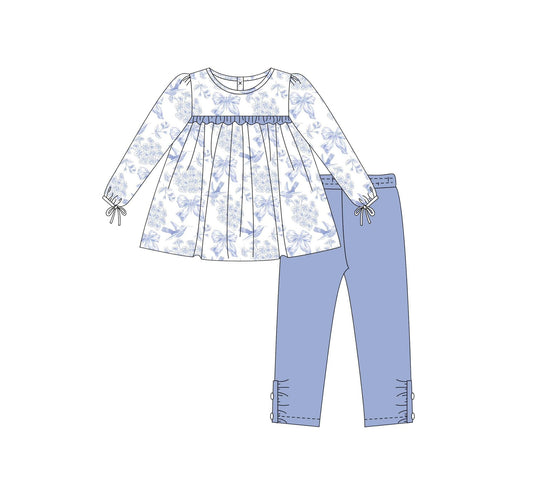 (Pre-order)GLP2478 Blue Flowers Bows Tunic Top Legging Pants Girls Fall Clothes Set