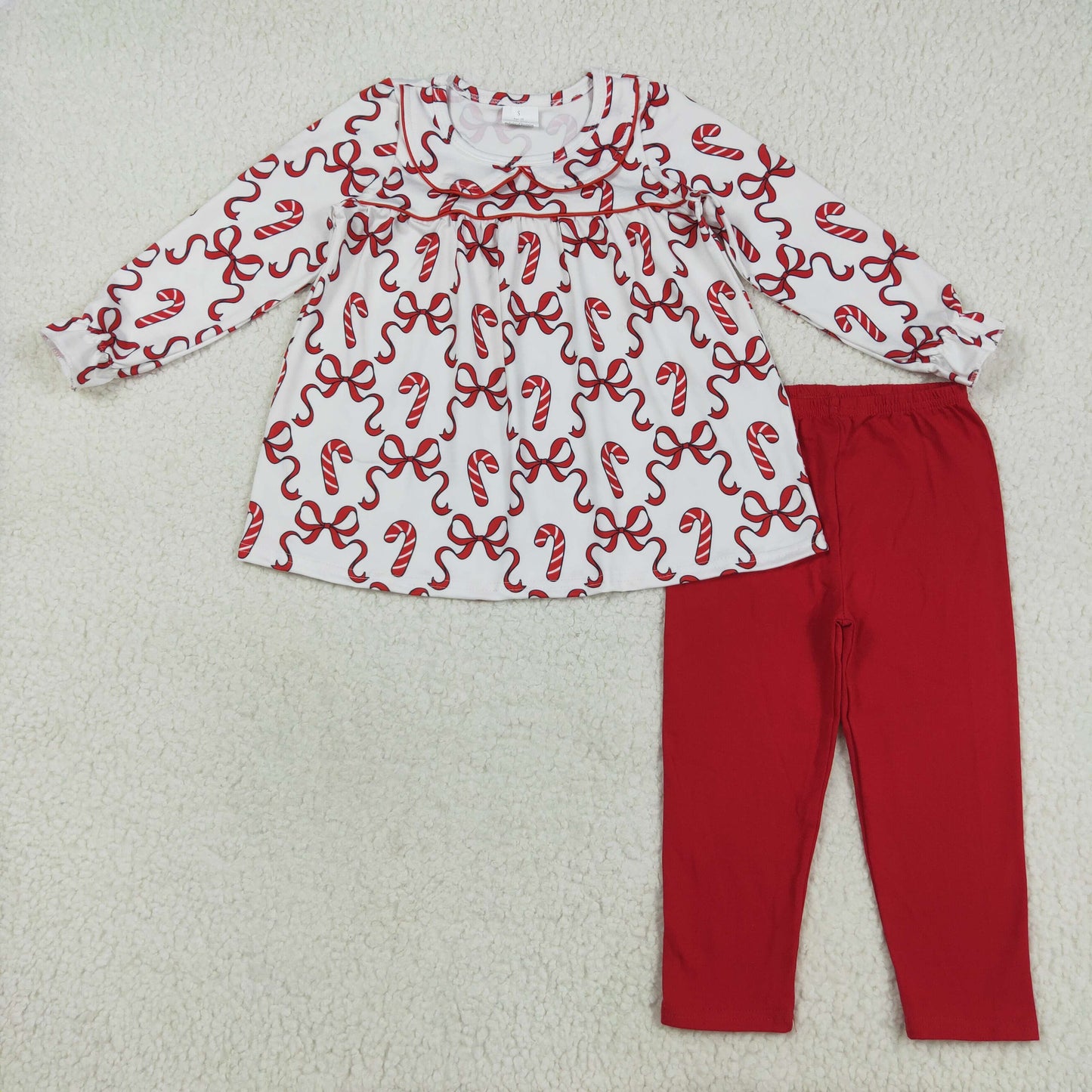 Candy Cane Red Bows Print Girls Christmas Clothes Sisters Matching Wear