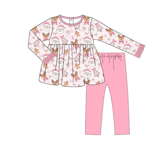 (Pre-order)GLP2485 Santa Gingerbread Bows Tree Tunic Top Pink Pants Girls Christmas Clothes Set