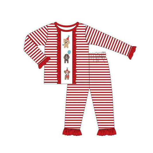 (Pre-order)GLP2486 Dog Top Red Stripes Pants Girls Happy Birthday Pajamas Clothes Set