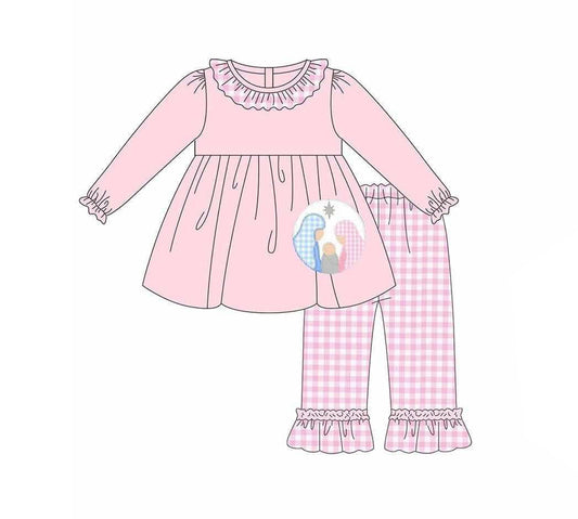 (Pre-order)GLP2487 Nativity Pink Tunic Top Plaid Pants Girls Christmas Clothes Set