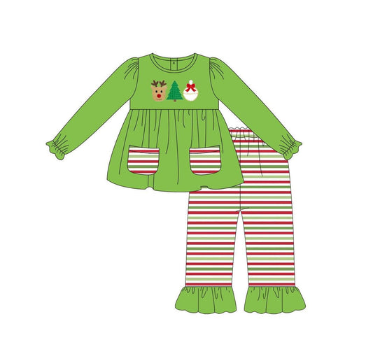 (Pre-order)GLP2490 Deer Tree Tunic Top Stripes Pants Girls Christmas Clothes Set