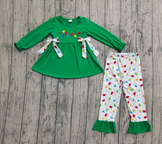 (Pre-order)GLP2491 Colorful Lights Green Tunic Top Ruffle Pants Girls Christmas Clothes Set