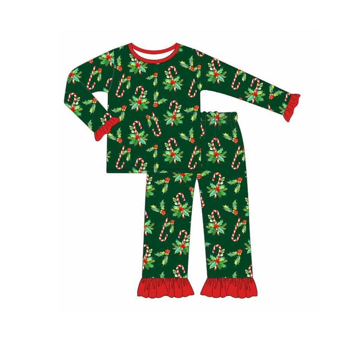 (Pre-order)GLP2492 Candy Cane Holly Print Girls Christmas Pajamas Clothes Set