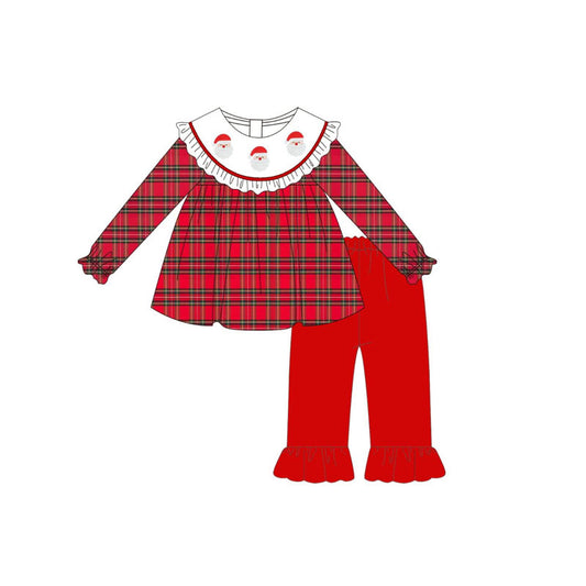 (Pre-order)GLP2494 Santa Plaid Tunic Top Red Pants Girls Christmas Clothes Set