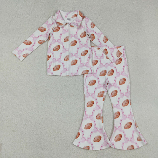 GLP2499 Football Pink Bows Zipper Top Bell Pants Girls Yoga Clothes Set