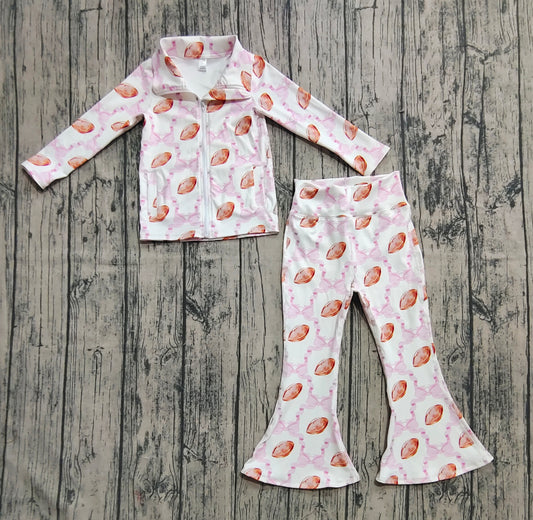 (Pre-order)GLP2499 Football Pink Bows Zipper Top Bell Pants Girls Yoga Clothes Set