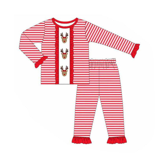 (Pre-order)GLP2503 Deer Red Stripes Print Girls Christmas Pajamas Clothes Set