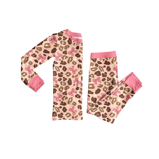 (Pre-order)GLP2504 Leopard Bows Print Girls Fall Pajamas Clothes Set