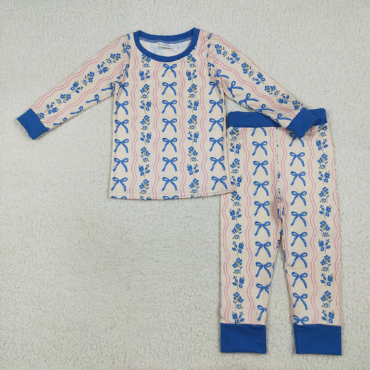 GLP2505 Flowers Bows Blue Print Girls Fall Pajamas Clothes Set