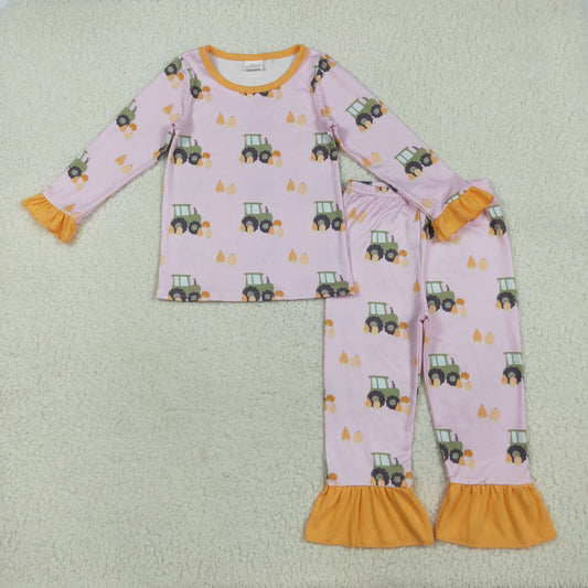 GLP2506 Tractors Pumpkin Print Girls Fall Pajamas Clothes Set