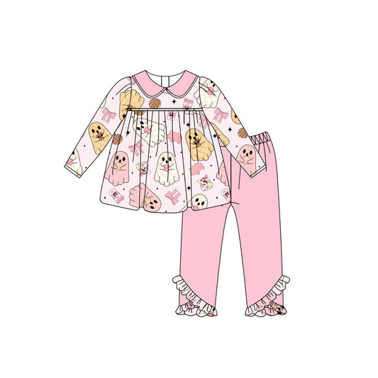 (Pre-order)GLP2507 Ghost Candy Bows Tunic Top Pink Pants Girls Halloween Clothes Set