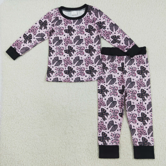 GLP2516 Candy Bat Pumpkin Pink Bows Print Girls Halloween Pajamas Clothes Set