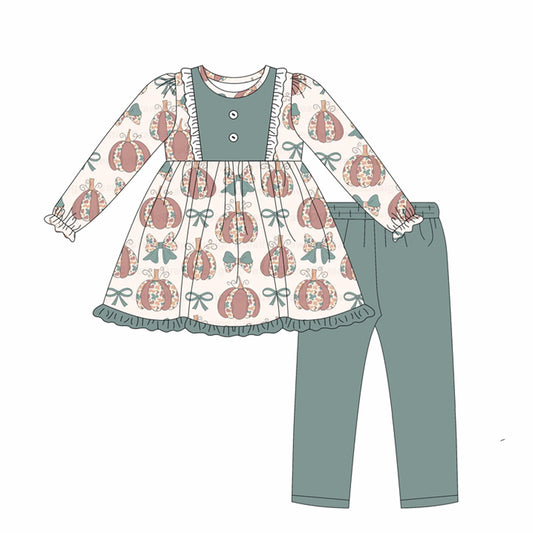 (Pre-order)GLP2517 Pumpkin Bows Tunic Top Legging Pants Girls Fall Clothes Set