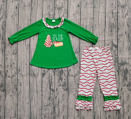 (Pre-order)GLP2518 Debbie Cake Green Tunic Top Ruffle Pants Girls Christmas Clothes Set