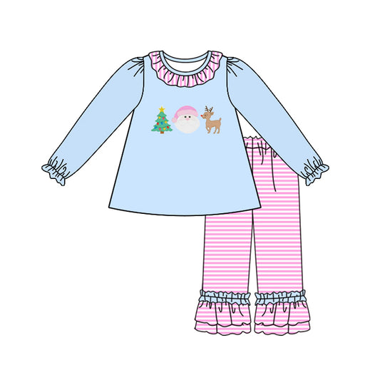 (Pre-order)GLP2519 Santa Blue Tunic Top Ruffle Pants Girls Christmas Clothes Set