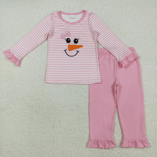 GLP2520 Snowman Stripes Top Pink Pants Girls Christmas Pajamas Clothes Set