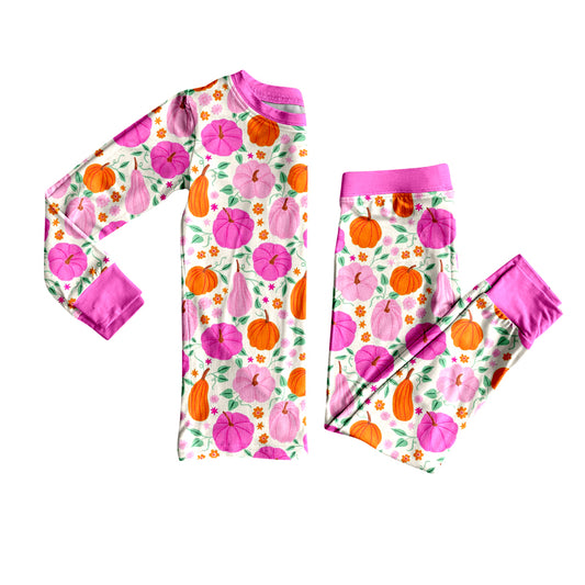 (Pre-order)GLP2521 Pumpkin Flowers Print Girls Fall Pajamas Clothes Set