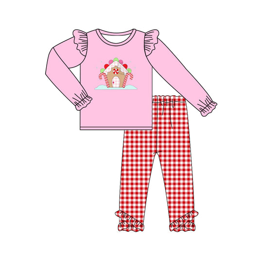 (Pre-order)GLP2523 Candy House Pink Top Plaid Pants Girls Christmas Clothes Set