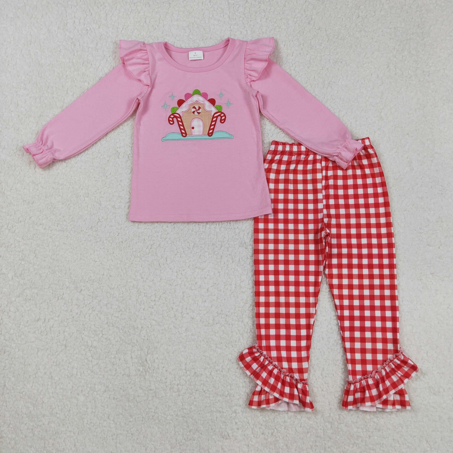 Candy House Embroidery Top Plaid Pants Kids Christmas Clothes Sibling Wear