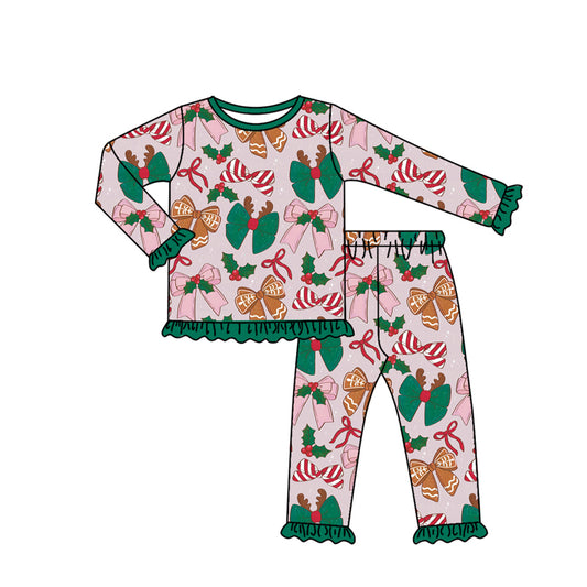 (Pre-order)GLP2526 Red Green Bows Holly Print Girls Christmas Pajamas Clothes Set