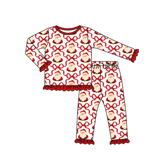 (Pre-order)GLP2527 Santa Bows Print Girls Christmas Pajamas Clothes Set