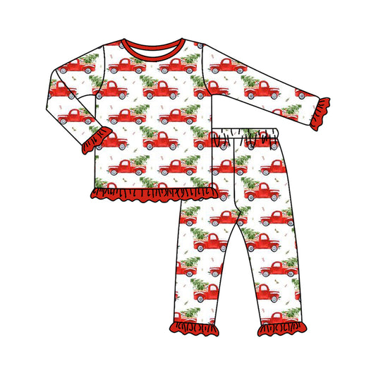 (Pre-order)GLP2529 Trucks Tree Print Girls Christmas Pajamas Clothes Set