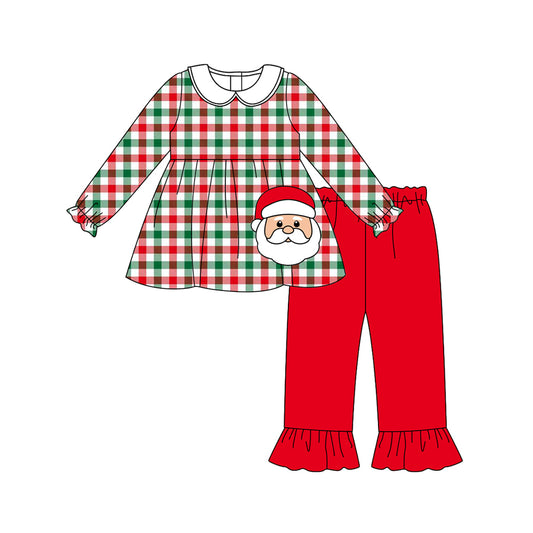 (Pre-order)GLP2530 Santa Plaid Tunic Top Red Pants Girls Christmas Clothes Set