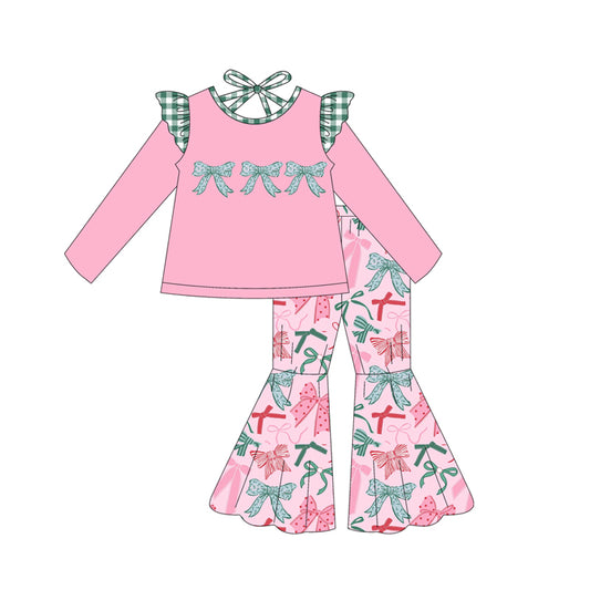 (Pre-order)GLP2531 Red Green Pink Bows Top Bell Pants Girls Christmas Clothes Set