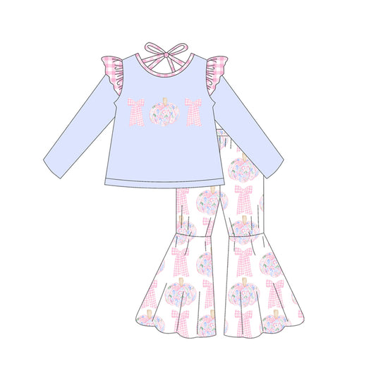 (Pre-order)GLP2532 Flowers Pumpkin Bows Top Bell Pants Girls Fall Clothes Set