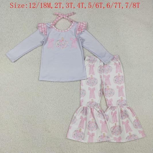 GLP2532 Flowers Pumpkin Bows Top Bell Pants Girls Fall Clothes Set