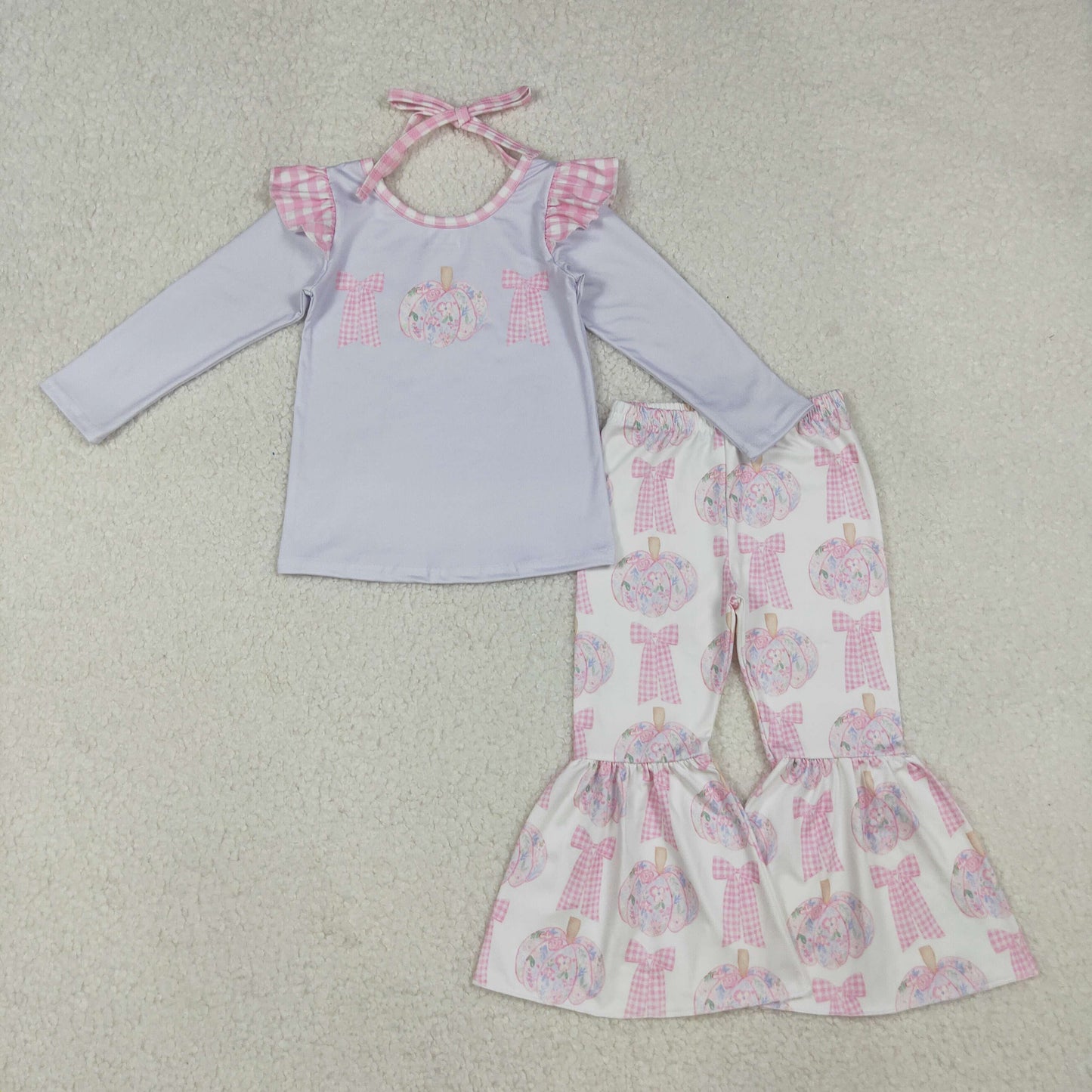 GLP2532 Flowers Pumpkin Bows Top Bell Pants Girls Fall Clothes Set