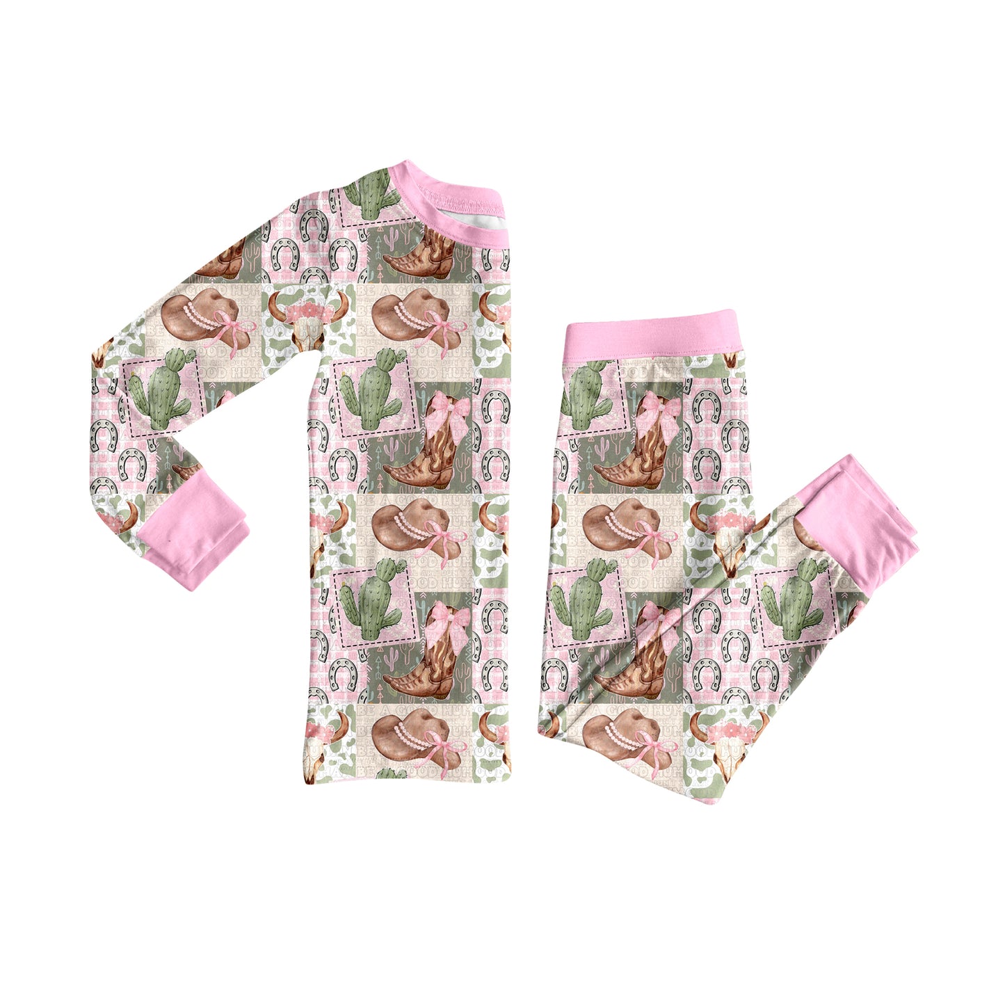 (Pre-order)GLP2534 Boots Hat Cactus Western Print Girls Fall Pajamas Clothes Set