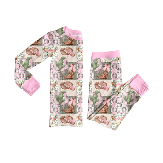 (Pre-order)GLP2534 Boots Hat Cactus Western Print Girls Fall Pajamas Clothes Set