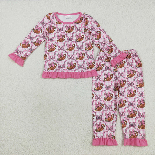 GLP2535 Football Bows Print Girls Fall Pajamas Clothes Set