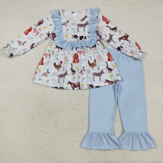 GLP2536 Farm Animals Tunic Top Blue Pants Girls Fall Clothes Set