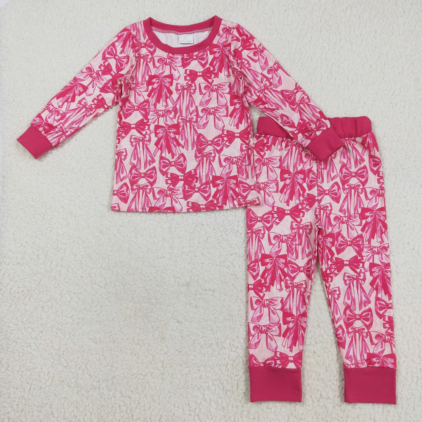 Hot Pink Bows Print Girls Fall Pajamas Matching Clothes