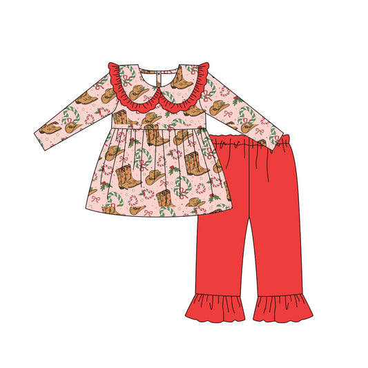 (Pre-order)GLP2540 Hat Boots Holly Tunic Top Red Pants Girls Christmas Clothes Set