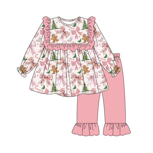 (Pre-order)GLP2541 Gingerbread Bows Tunic Top Pink Pants Girls Christmas Clothes Set