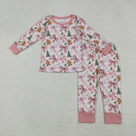 GLP2542 Gingerbread Bows Print Girls Christmas Pajamas Clothes Set
