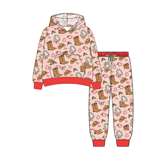 (Pre-order)GLP2543 Hat Boots Holly Hoodie Top Pockets Pants Girls Christmas Clothes Set