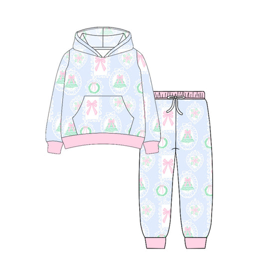 (Pre-order)GLP2544 Tree Holly Bows Hoodie Top Pockets Pants Girls Christmas Clothes Set