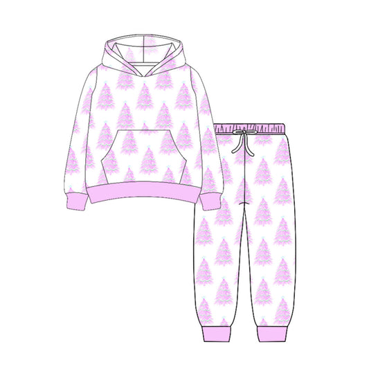 (Pre-order)GLP2546 Pink Tree Hoodie Top Pockets Pants Girls Christmas Clothes Set