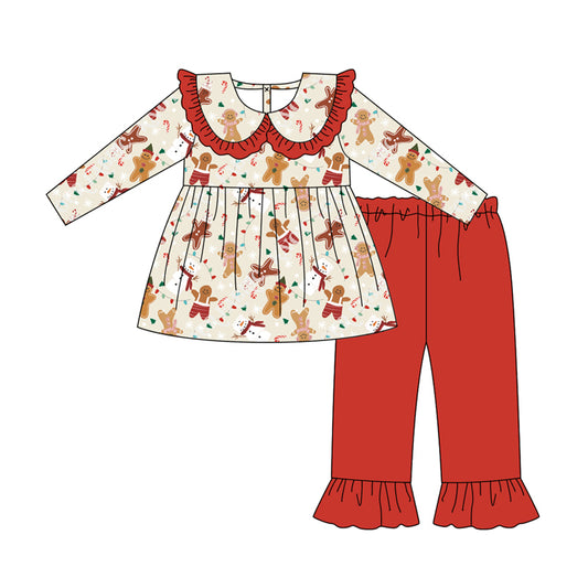 (Pre-order)GLP2548 Gingerbread Tunic Top Red Pants Girls Christmas Clothes Set